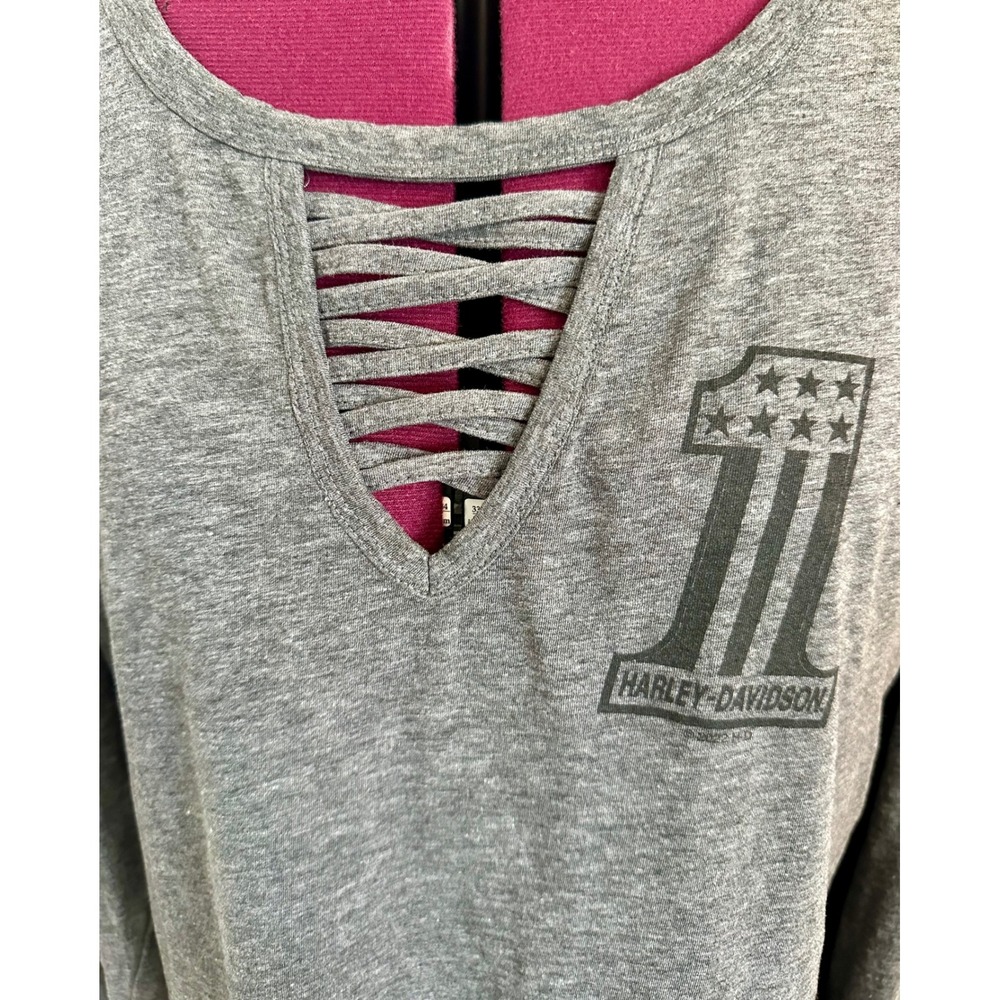 Harley-Davidson Womens XL Gray Long Sleeve Strappy V-Neck Tee Columbus IN